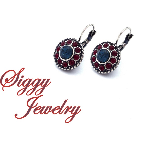 Swarovski Crystal Flower Earrings in Montana and Siam Red Antique Silver Finish - Picture 4 of 6